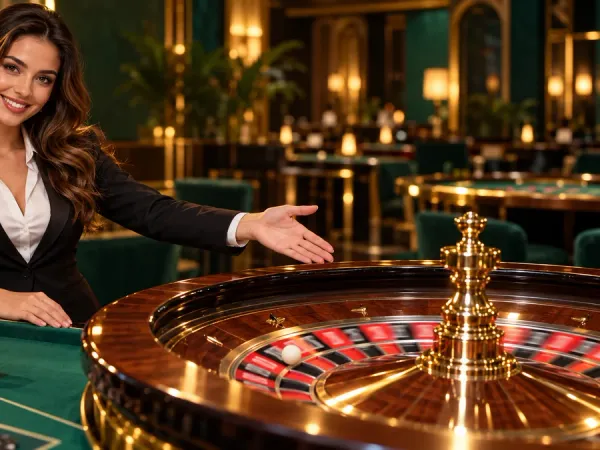 eg777 + Female dealer presenting a roulette wheel and chips at a green casino table
