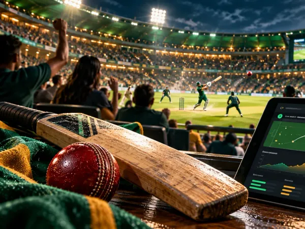 eg777 + Cricket bat and ball beside a fictional match dashboard in a floodlit stadium
