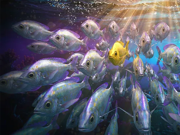 eg777 + School of fish swimming among floating coins