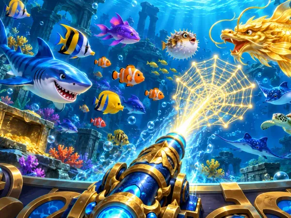 eg777 + Fishing arcade cannon firing a glowing net towards colourful fish