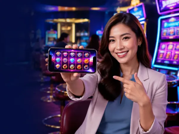 eg777 + Woman holding a phone horizontally with colourful fruit reels on screen