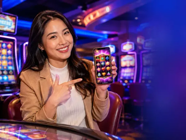 eg777 + Woman pointing at a phone with illustrated reels in a casino setting