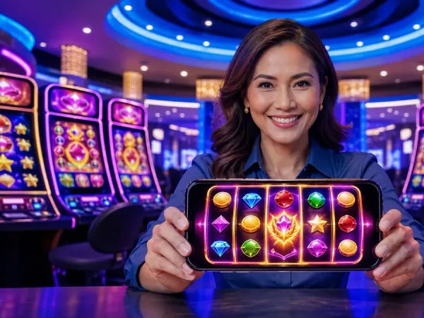 eg777 + Woman presenting a phone with fruit reels against blue casino lighting