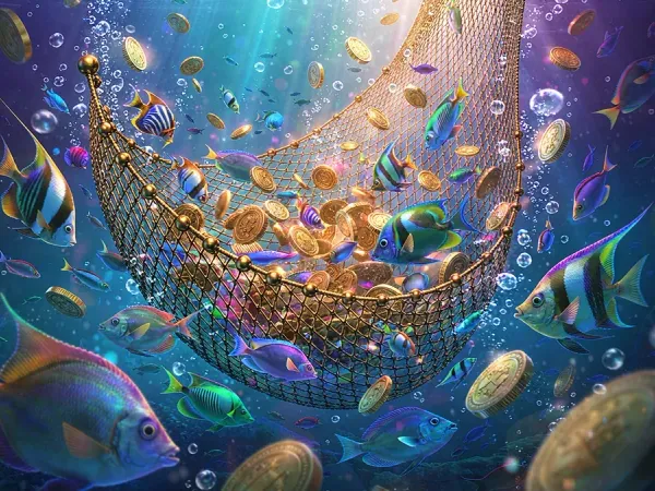 eg777 + Fish and gold coins surrounding an underwater net