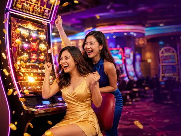 eg777 + Two women beside golden slot reels and illustrated coins