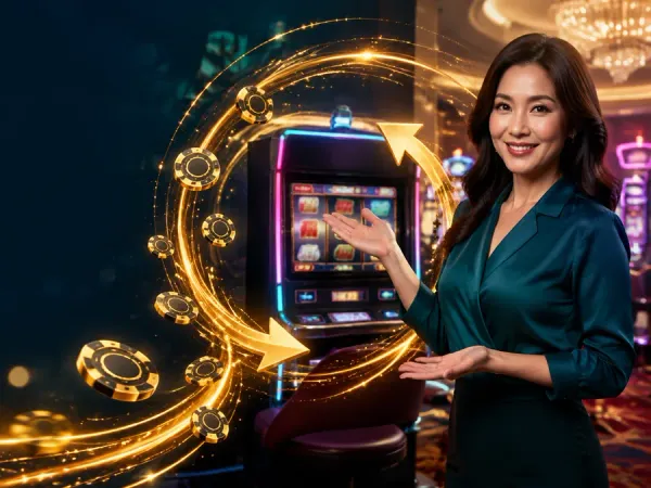 eg777 + Woman in a teal blouse beside slot reels and a circular gold light trail