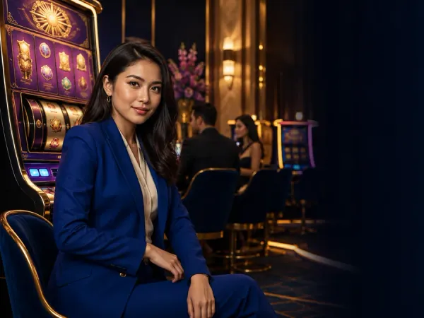 eg777 + Woman in a blue suit seated beside slot machines in a warm-lit lounge
