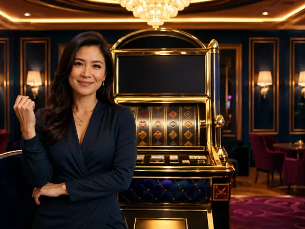 eg777 + Woman seated before a gold-framed slot machine in an elegant lounge