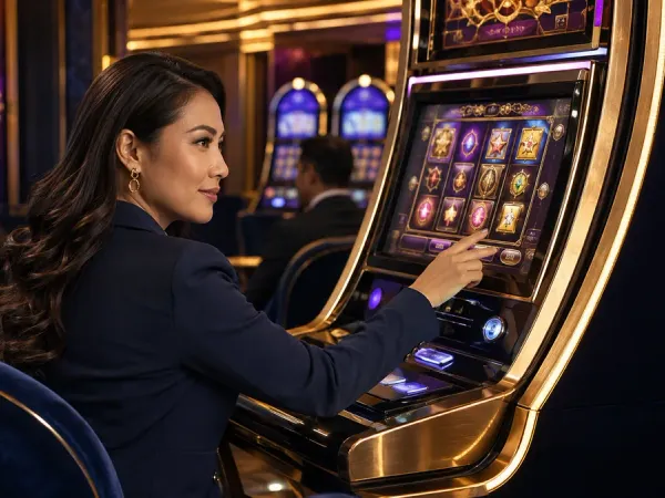 eg777 + Seated woman looking back from a slot machine with golden trim