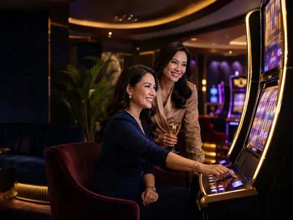 eg777 + Two women seated together at slot machines in a dark lounge