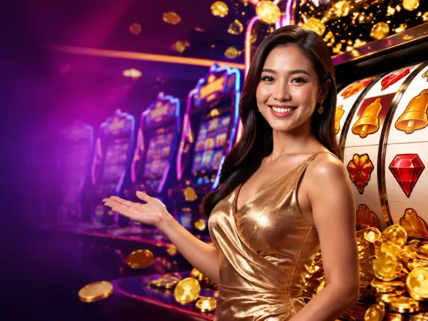 eg777 + Woman in a gold dress beside a slot machine and scattered gold coins