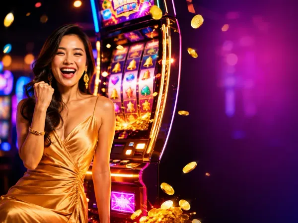 eg777 + Woman beside gold-framed slot reels under bright casino lighting