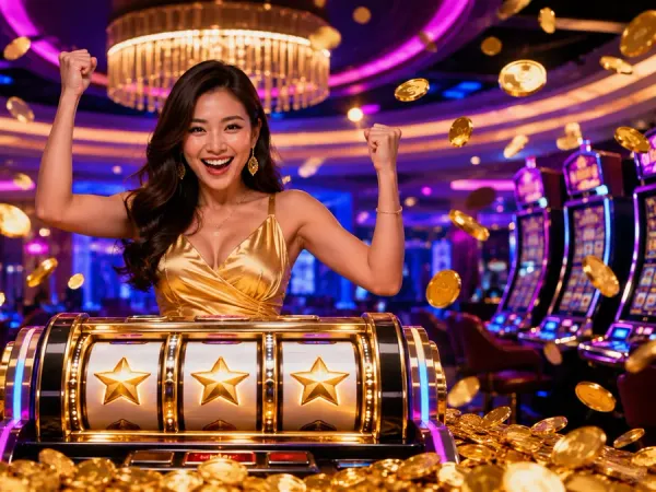 eg777 + Woman behind a star-symbol slot machine with illustrated gold coins