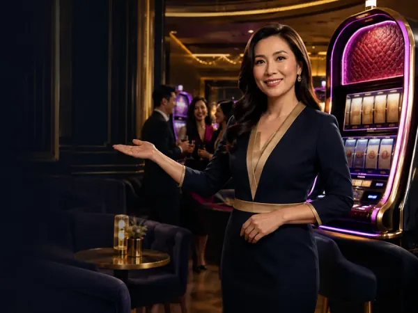 eg777 + Woman in a dark blazer beside a slot machine in a dim lounge