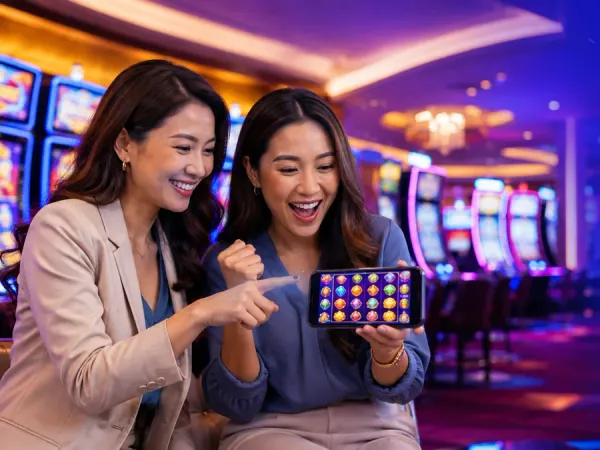 eg777 + Two women looking at fruit reels on a smartphone in a casino setting