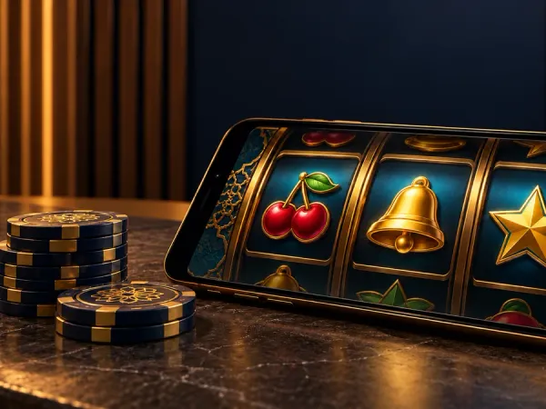 eg777 + Phone showing illustrated fruit, bell and star reels beside casino chips