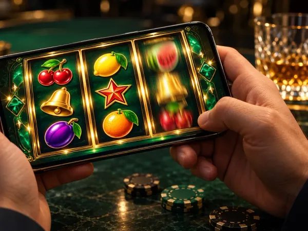 eg777 + Hands holding a phone with illustrated fruit slot reels and casino chips
