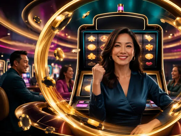 eg777 + Woman in a blue blouse framed by a gold ring before slot reels
