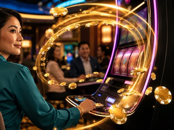 eg777 + Seated woman looking towards a slot machine with gold light trails