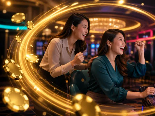 eg777 + Two women beside slot machines with a curved golden light trail