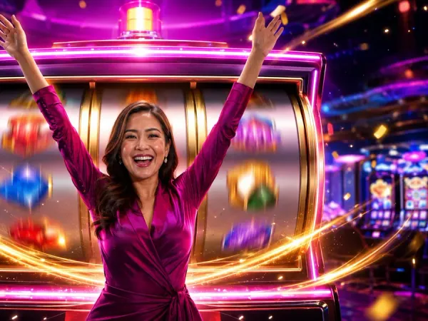 eg777 + Woman raising her arms before a large illuminated slot machine