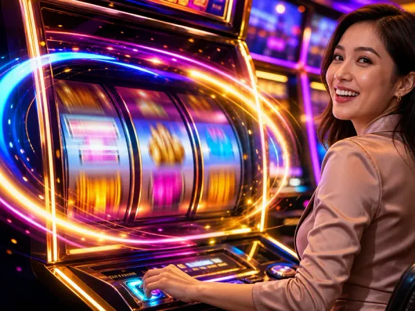 eg777 + Seated woman turning towards a brightly illuminated slot machine