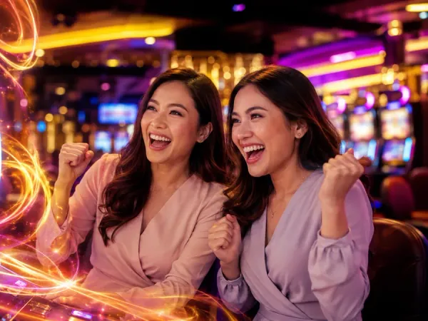 eg777 + Two women watching slot reels amid pink and gold lighting
