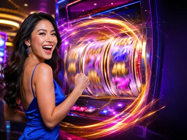 eg777 + Woman in a blue dress beside slot reels with a magenta light trail